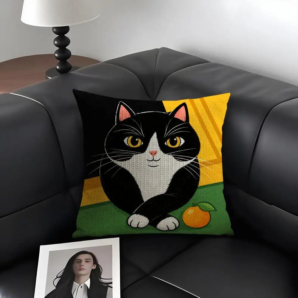Tuxedo Cat Art Cushion Cover Natural Linen Organic Fabric Double-Sided Printing Breathable Perfect Gift For Decor