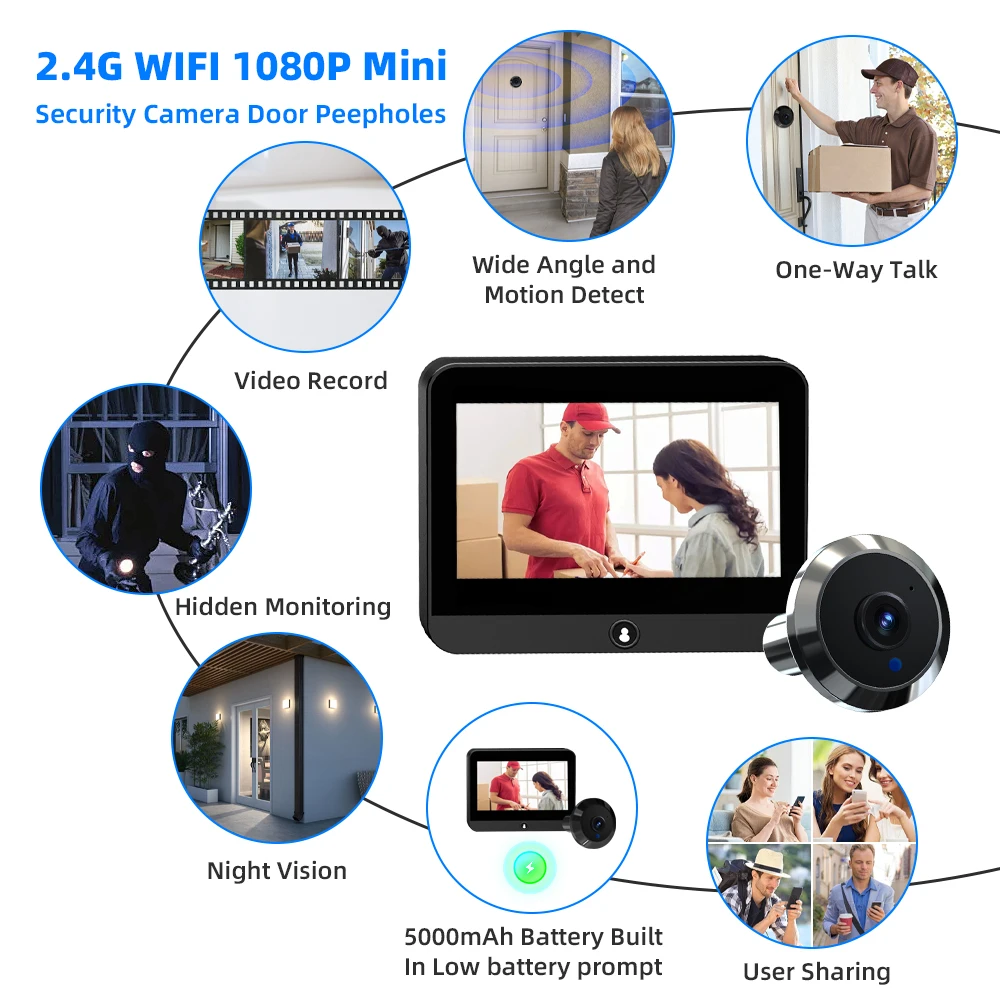 Kamera Keamanan Mini WiFi 2.4G Tuya Pintar 1080P Radar Microwave Deteksi Manusia Penampil Pintu Digital Bel Pintu Nirkabel untuk Rumah