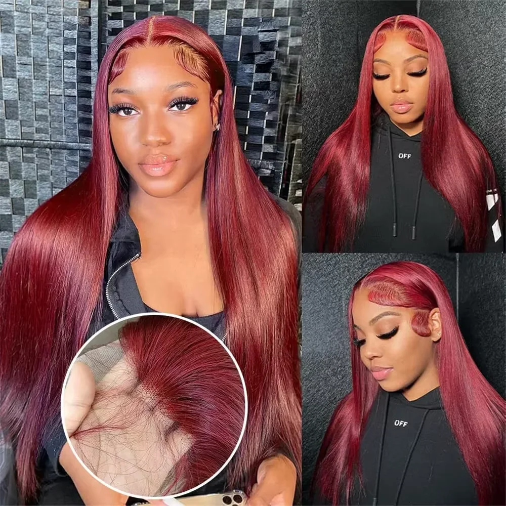 Burgundy Lace Front 100% Human Hair Wigs Red Colored 99j Straight 13x4 13x6 HD Tranparent Lace Frontal Lace Wig For Women