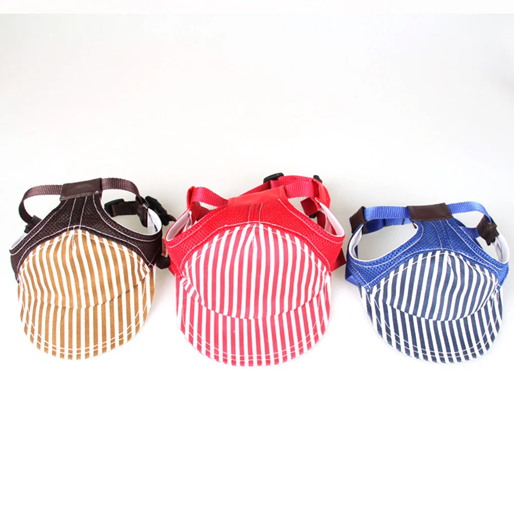 

Pet Dog Puppy Baseball Cap Mesh Stripe Visor Hat Adjustable Chin Strap Sunbonnet Ear Holes Size S Random Color Dog Sun Hat