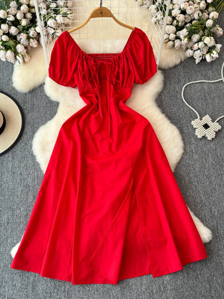 Foamlina Summer Women Elegant Midi Dress Solid Lace-up Square Neck Short Sleeve High Waist Slim Split A Line Party Dress Vestido image 4