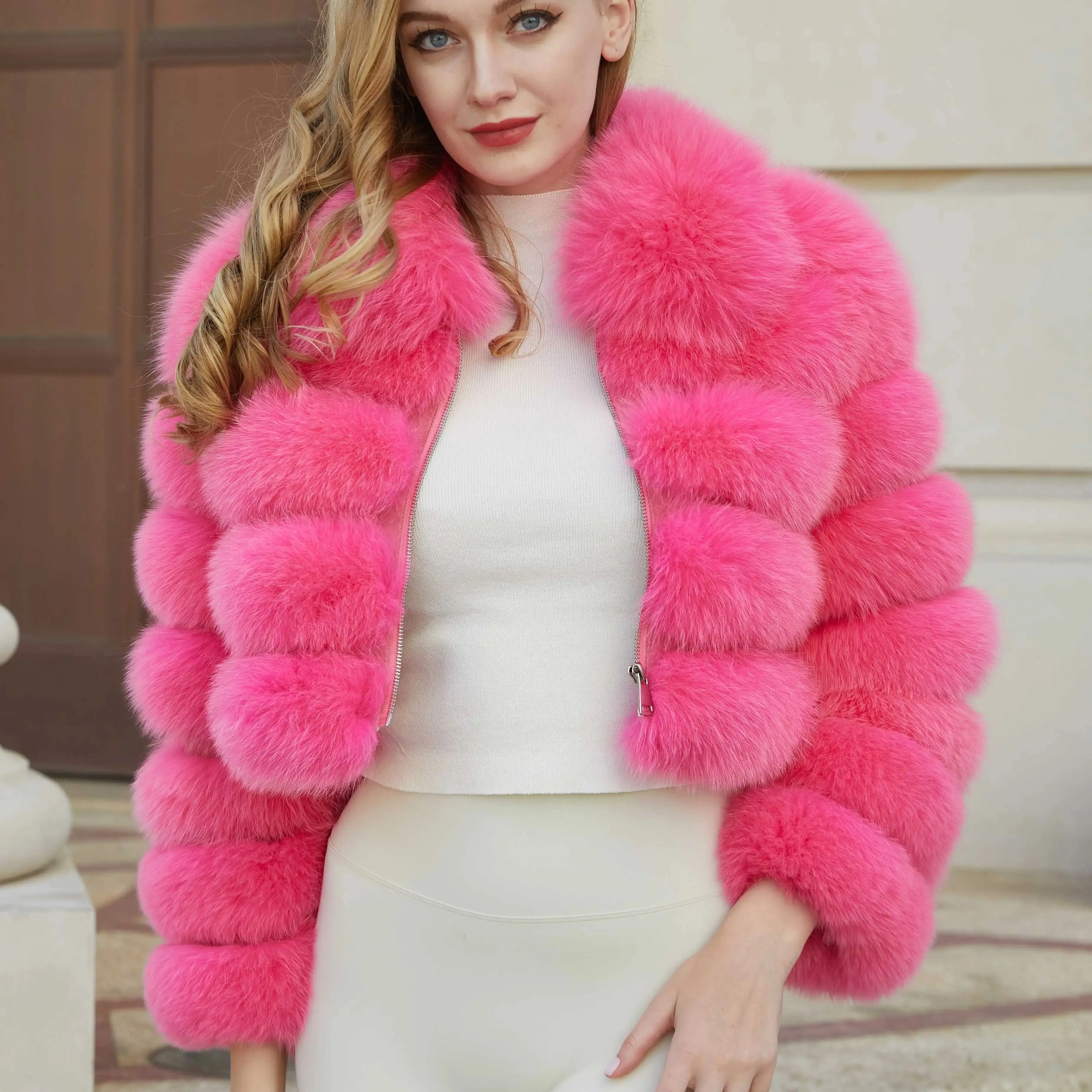 JANEFUR 천연 모피 코트 여성용 레인보우 패션 럭셔리 크롭 리얼 폭스 퍼 재킷 도매 겨울 여성 코트