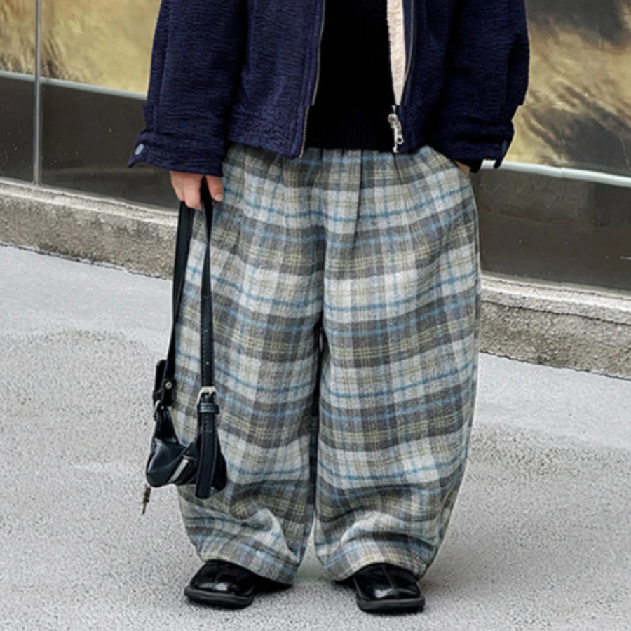 

Новинка 2026 года, детские твидовые брюки в клетку, зимние детские синие клетчатые широкие брюки для подростков, утепленные повседневные брюки в стиле ретро для мальчиков и девочек