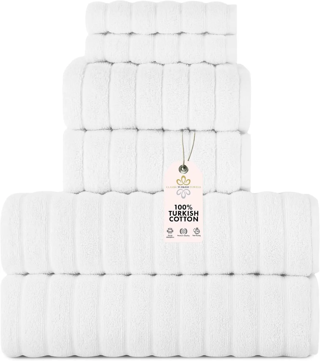

6-Piece Turkish Cotton Towel Set, 100% Premium, Quick-Drying & Highly Absorbent, Includes Bath/Hand/Washcloths (White)