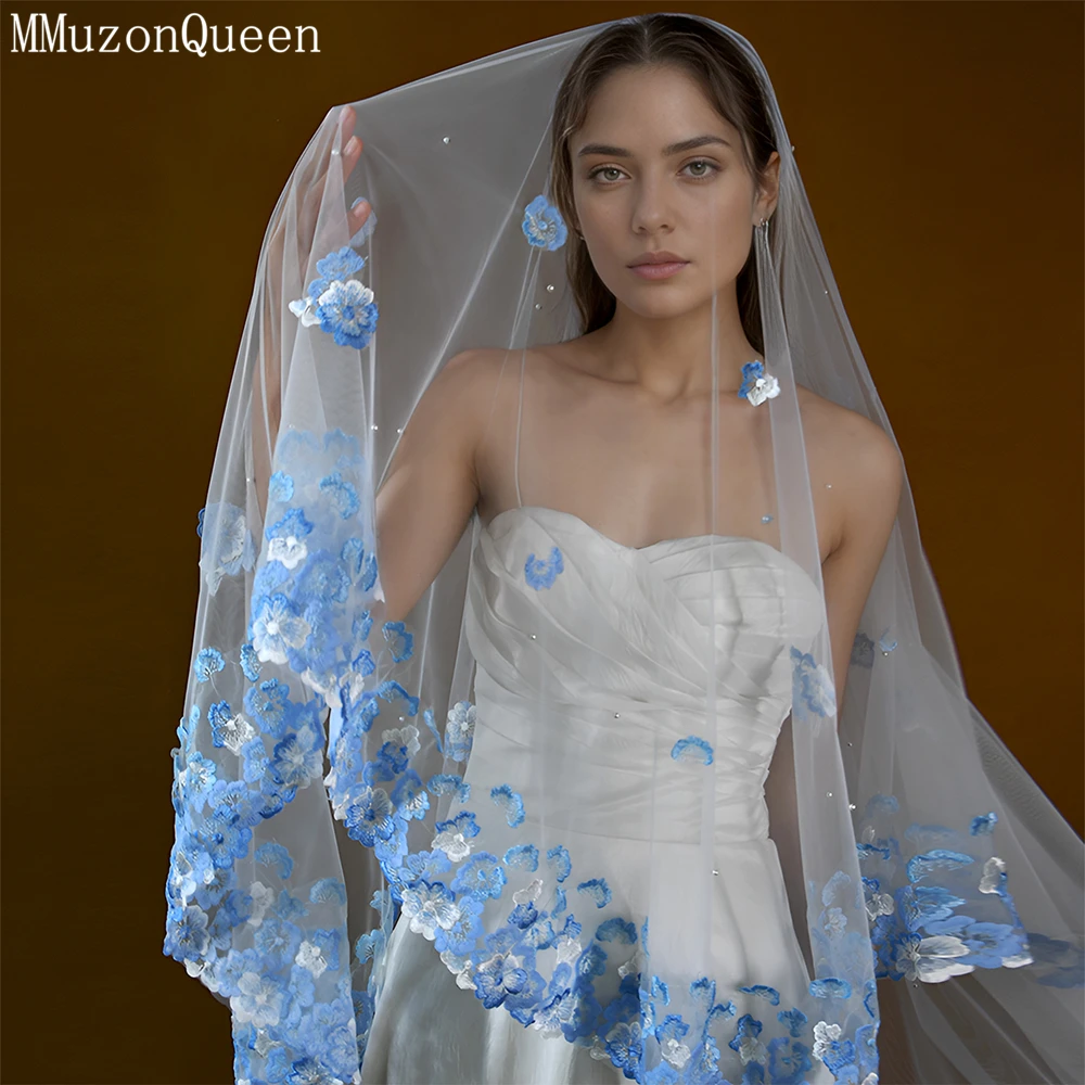 

MMQ Blue Wedding Long Lace Edge Bridal Veil Cathedral 3Meters Wedding Veil One Layer Wedding Accessories For Woman No Comb M42