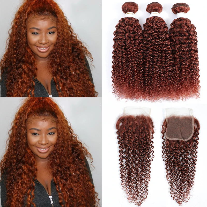 Kinky Curly Human Hair Bundles With Closure Auburn Brown 100% Human Hair Weave Bundles With Closure Brazilian Remy Hair Weft