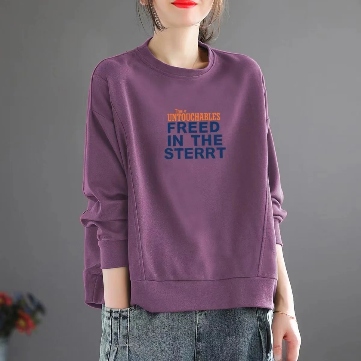 

Женская толстовка из чистого хлопка с длинными рукавами, корейский стиль, круглый вырез, с принтом, повседневная, удобная, модная.