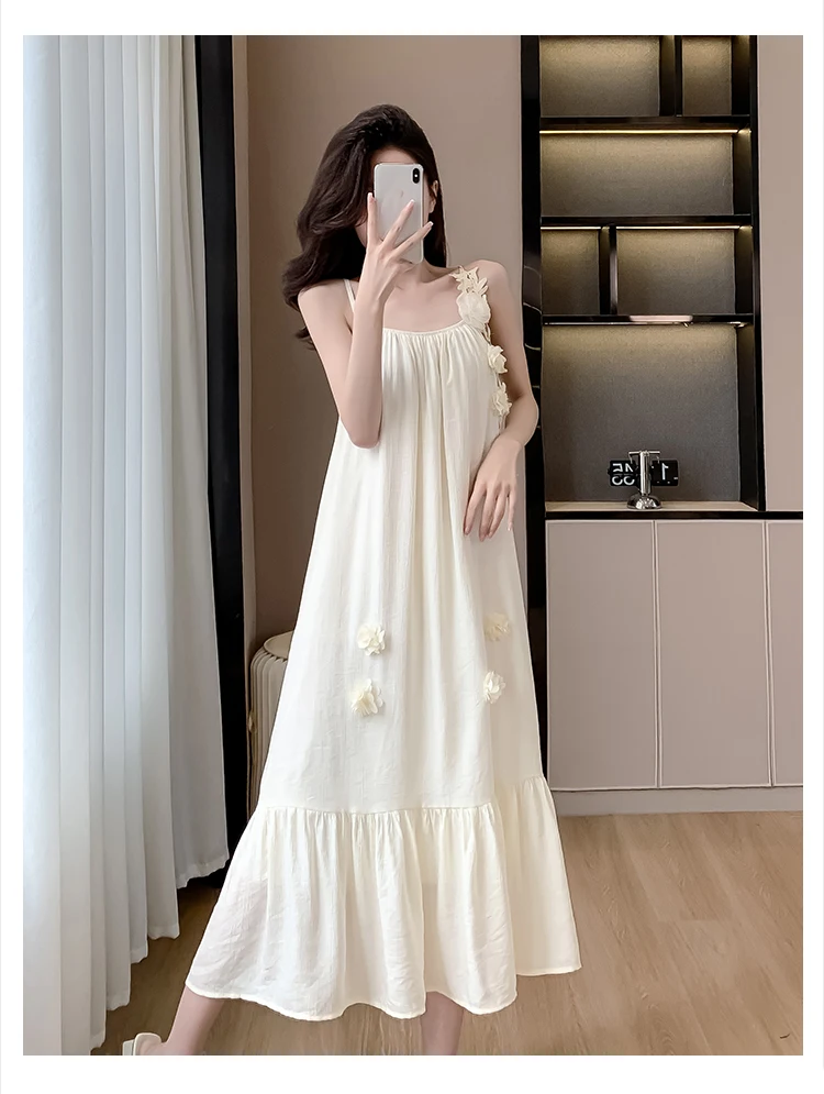 Summer Three-dimensional Flowers Embroidery Loose A-line Halter Dress Women Sleeveless Knee-length Beach Dresses Female