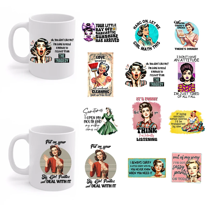 12Pcs UV DTF 3D Sarcastic Housewife Transfer Sticker Wraps Cup Retro Women Fashion Girl For Mug Coffee Glass Cup Waterproof Dura