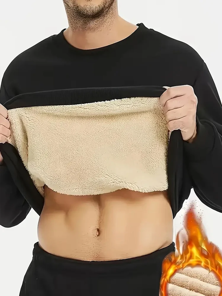 سويت شيرت رجالي مبطن بالصوف بلوفر شتوي دافئ بياقة دائرية سميكة حرارية كاجوال بأكمام طويلة للرياضات الخارجية #2