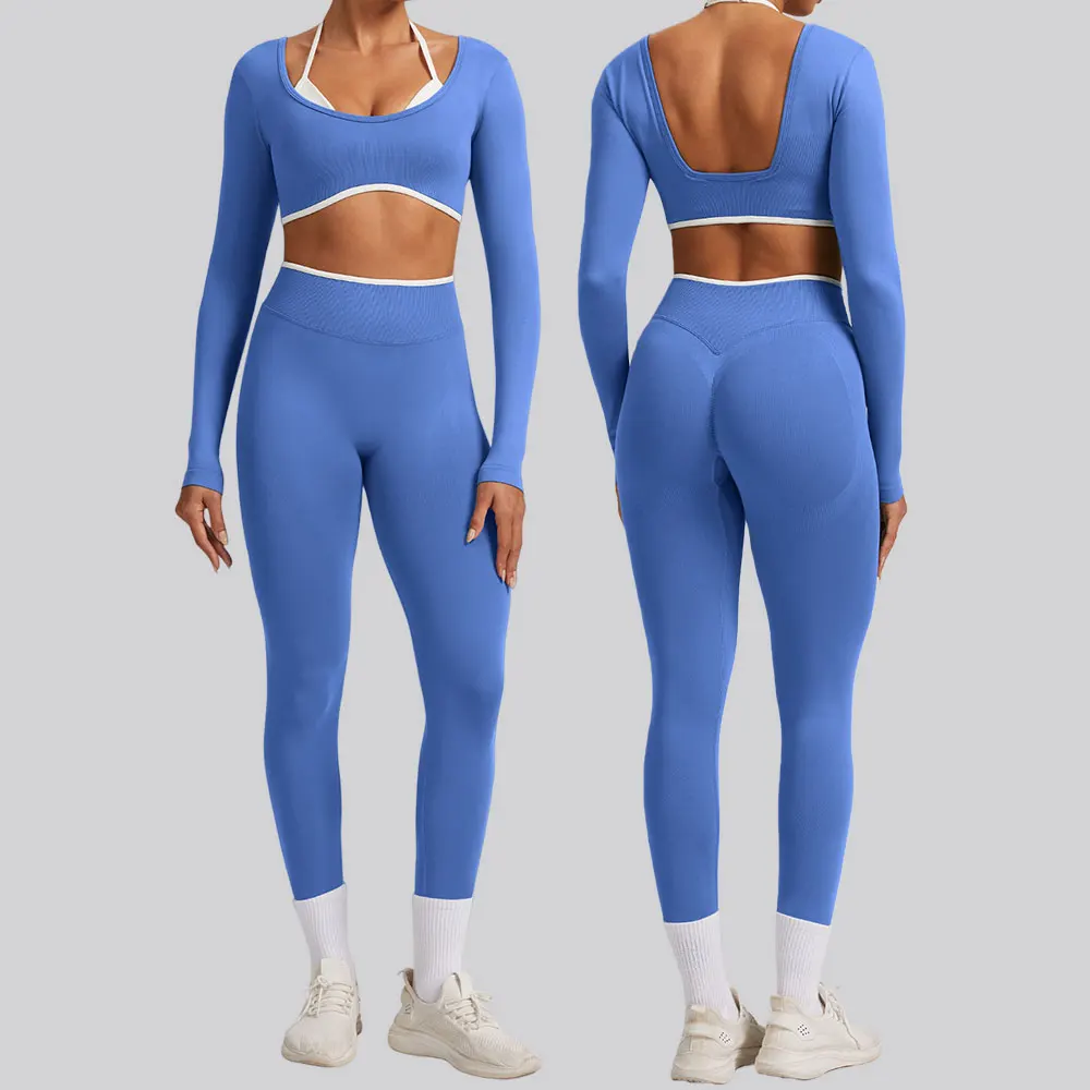 

2PCS Yoga Suit Sports Set Gym Set Women's Seamless Tracksuit Running Workout Clothes Long Sleeve Sports Leggings Athletic Wear