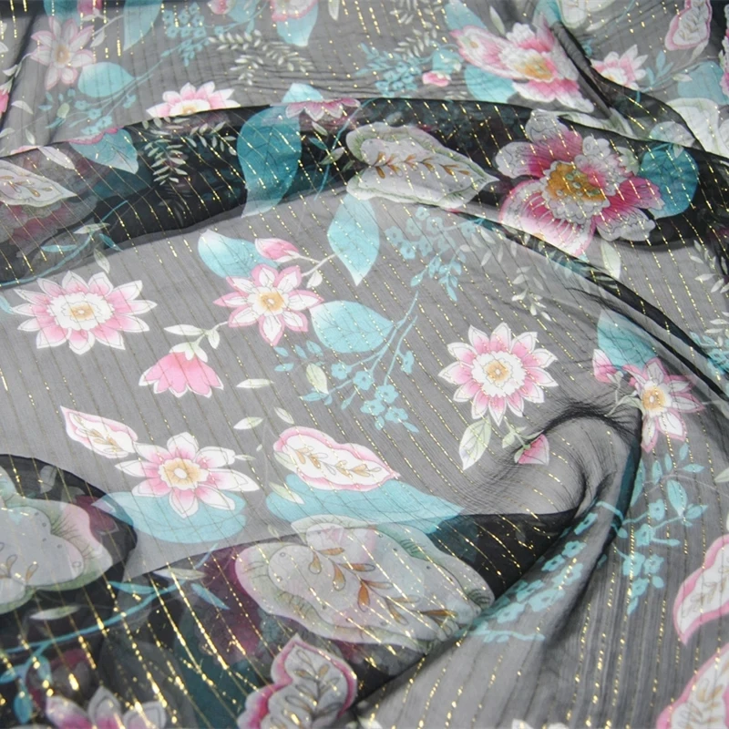 Shiny Beautiful Organic Popular Silk Crepe Chiffon Fabric Crinkle GGT Metallic Line Printed Flowers for Dresses Suit Shirt