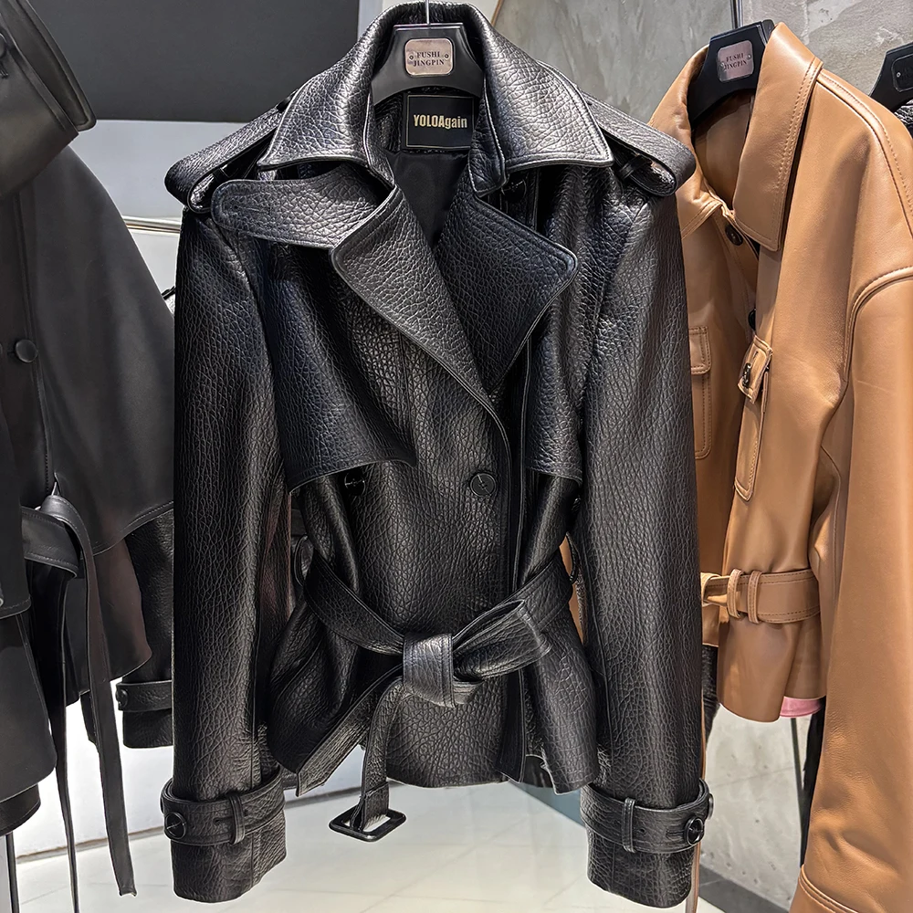YOLOAgain Double Breasted Croc Pattern Leather Jacket Women 2026 Autumn New Genuine Leather Jacket Ladies