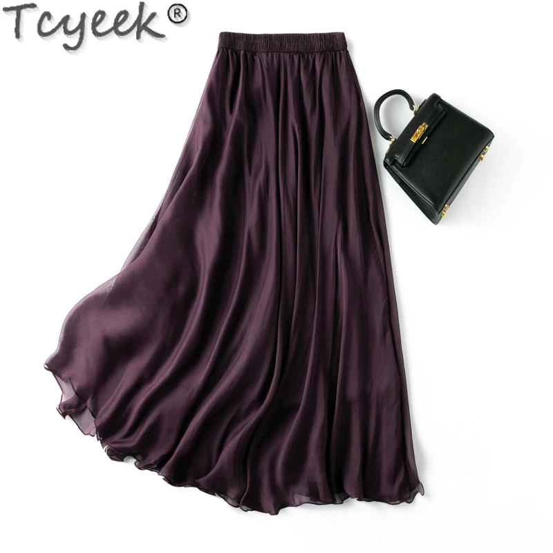 

Tcyeek 100% Mulberry Silk Skirt Elegant Skirts for Women Solid Color Long Skirt Summer Skirts Purple Women's Skirt Saia Feminina