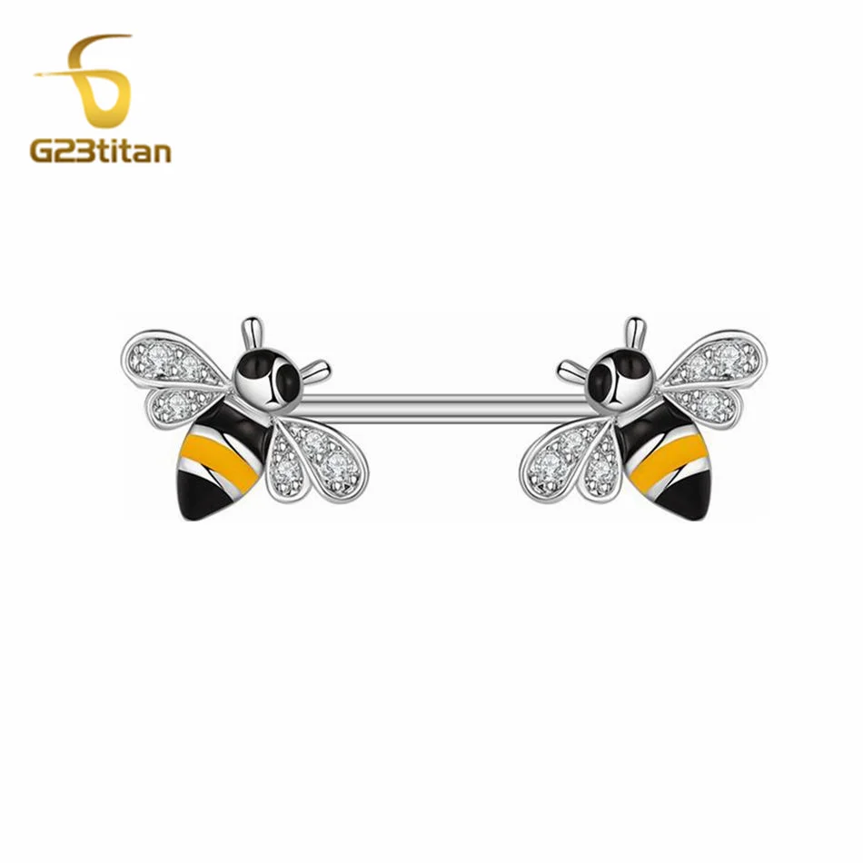 Cute Bee Shape 2pcs Nipple Rings Titanium Or Steel Barbell Nipple Piercings Charm Accessory Women Body Shield Bar Jewelry 14G image 6