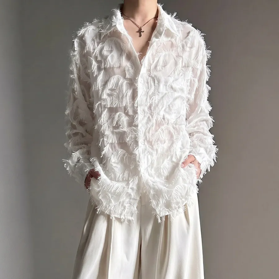 Sexy Long Sleeve Tassel Shirts for Man Streetwear Hip Hop Perspective Lace Loose Men Shirt Party Night Club Performance Costumes