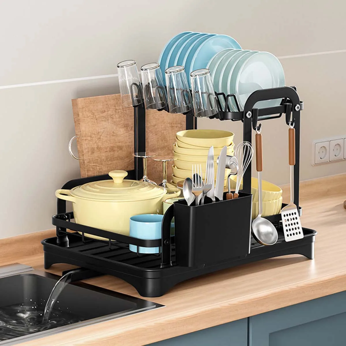 

2-Layer Dish Bowl Storage Rack With Cutlery And Cutting Board Rack, Kitchen Drying Rack With Drainage