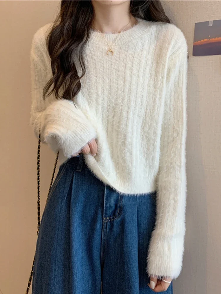 Maglioni morbidi e caldi in velluto di visone sintetico da donna autunno inverno maglione femminile allentato a maniche lunghe lavorato a maglia pullover casual solido