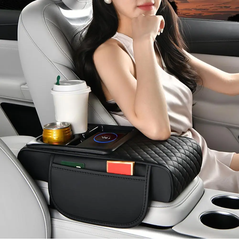 

Multifunctional Car Armrest Box With Wireless Charging Thicken Height Pad Arm Rest Cushion Phone Tissue Cup Holder Car Box