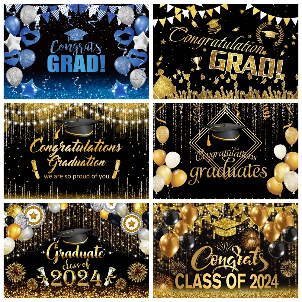 

Class of 2024 Graduation Backdrop Golden Glitter Balloon Custom Congrats Grad Prom Party Photo Background for Photography Props