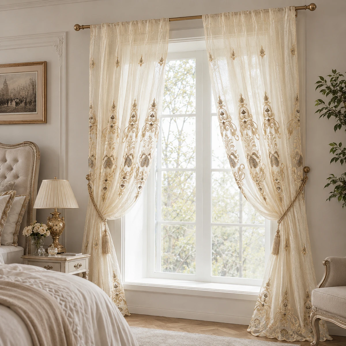 One Piece, Golden Luxurious European-Style Embroidered Sheer Curtain, Baroque Court Embroidery, Rod Pocket Design, Lightweight and Soft, Washable, Suitable for All Seasons, Classical Luxurious Home Decor, European Retro Floor-Length Curtain, Suitable for Living Room, Bedroom, Dining Room, Office, Wedding, New Year