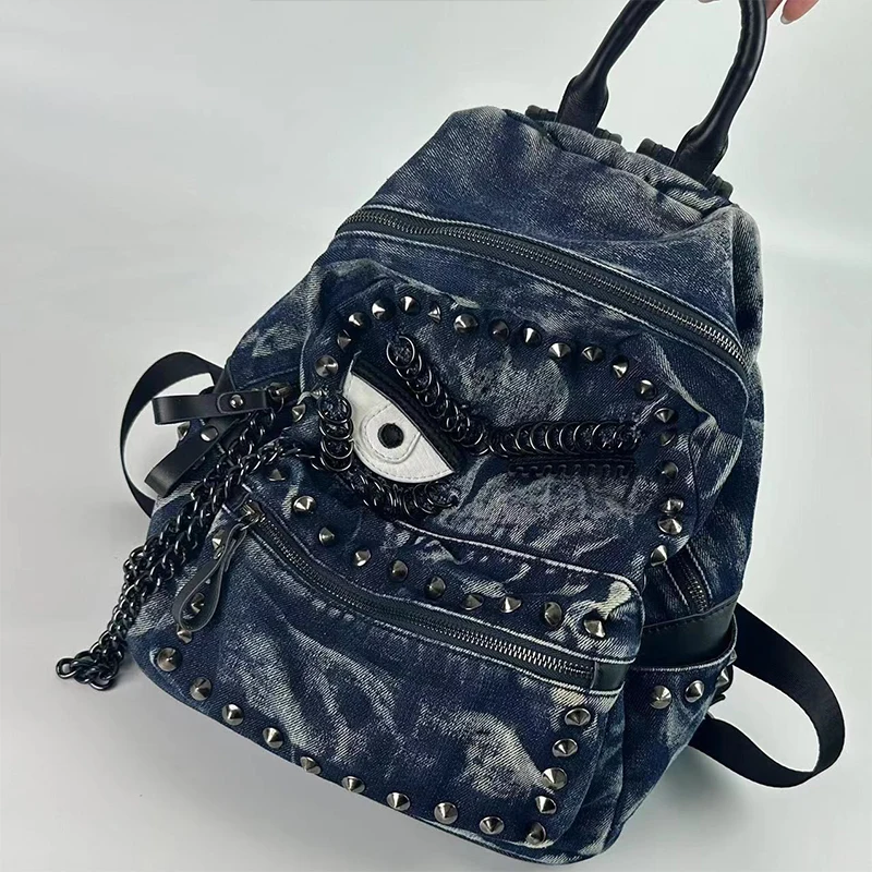 Washed Denim Backpack Rivet Chain Eye Pattern Design Shoulder Bag Gothic Punk Casual Bag Large Capacity Vintage Travel Backpack