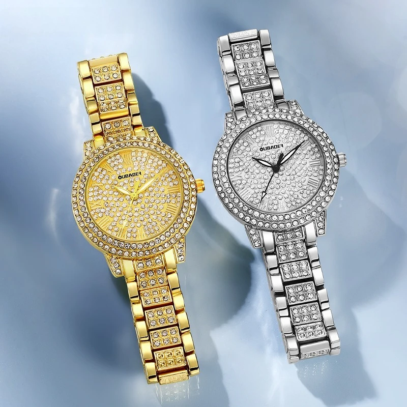 

Роскошные классические золотые женские стальные ремешки со шкалой и стразами, кварцевые часы с календарем, модные женские наручные часы