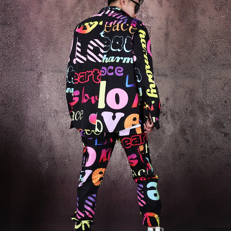 

Personalized Color Letter Graffiti Shirt Big Pocket Pants Set Fashion Nightclub Bar Hair Stylist Singer Stage Performance Outfit