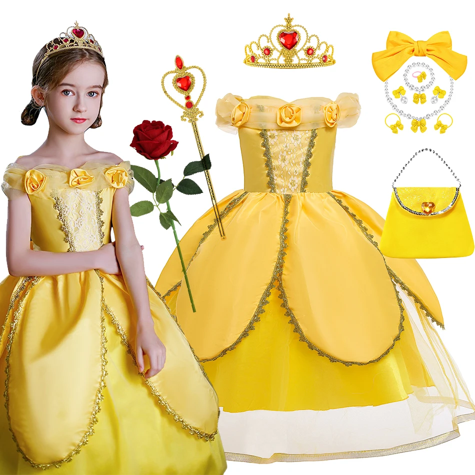 Beauty Belle Dress Girls Carnival Princess Dress Up Costume Purim Party Fantasy Outfits Yellow Luxury Fluffy Gown