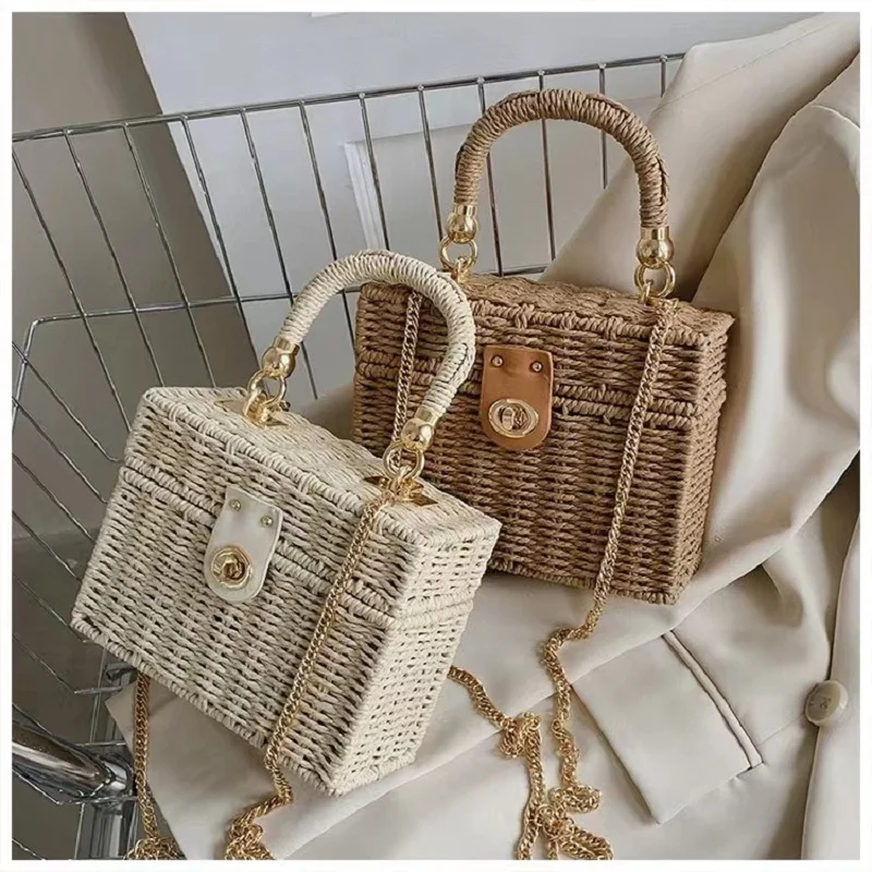 

Black Rattan Black Shoulder Bag Women Hand-Woven Messenger Bag Summer Beach Square Box Straw Handbag For Lady Bolsa Feminina