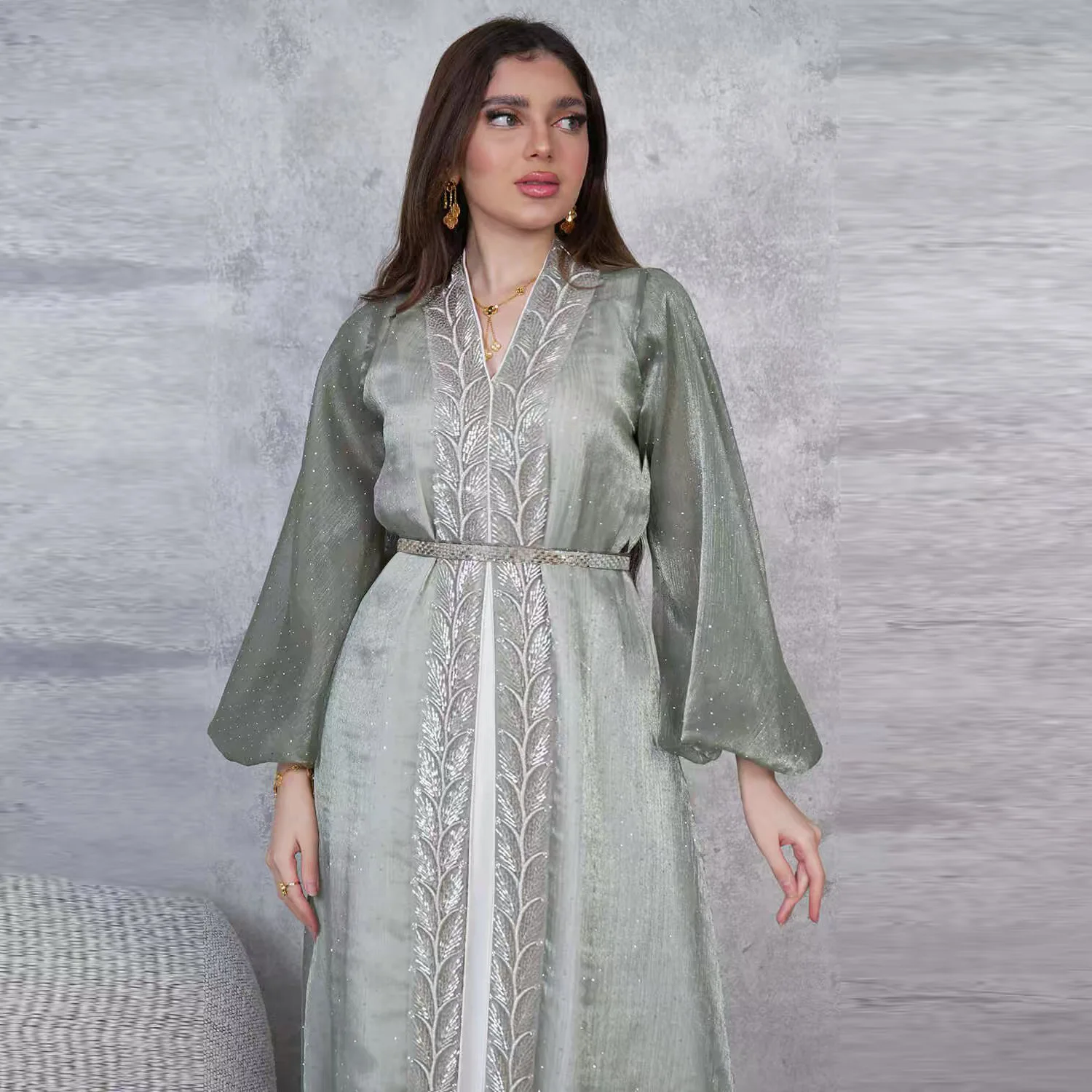 Eid Muslim Abayas für Frauen Party 2-teiliges Set Satin Diamant Strickjacke Robe Kleid Marokko Kaftan Islam Ramadan Dubai Vestidos Kleid