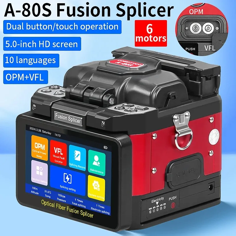 COMPTYCO A-80S Automatic 6 Motors Fiber Optic Fusion Splicer / 5-inch Touch screen / 10 languages / Built-in OPM VFL Function