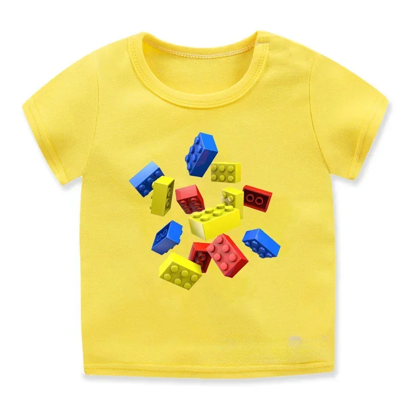 Summer Children T Shirt Funny Falling Toy Bricks Graphic Print Boy Girl Clothing Cute Fashion Cotton T-shirt  Kid Baby Top Tee