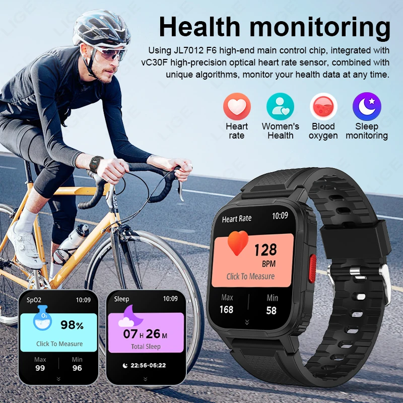 LIGE jam tangan pintar pria, panggilan Bluetooth suara baterai sangat panjang jam tangan jejak kesehatan tidur 1.95 inci layar HD olahraga