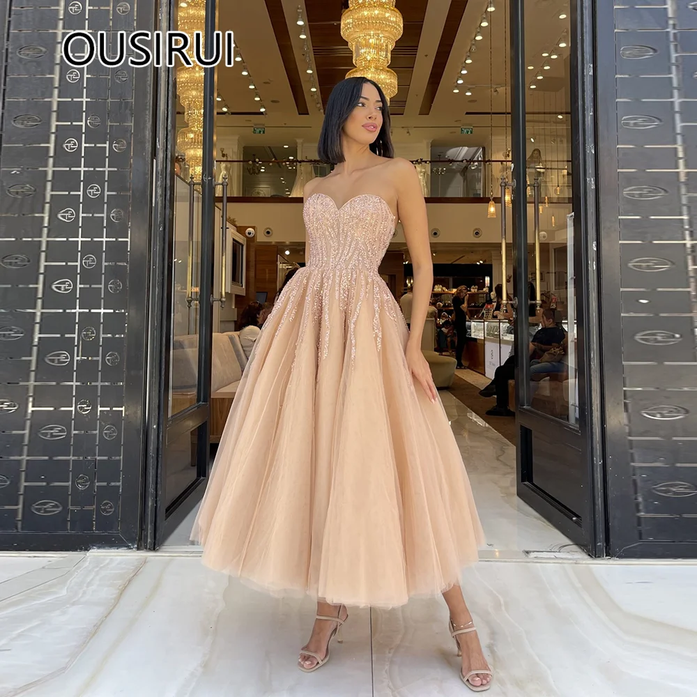 OUSIRUI Sweetheart Collar Tulle Prom Party Dress A-line Tea-Length with Bling Sequins Lace Backless Prom Gown robe de mariée