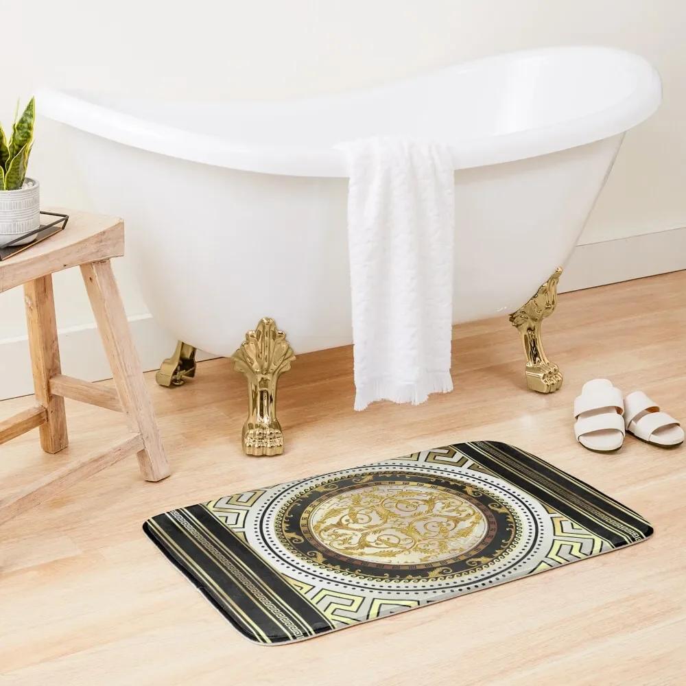 

Greek Key Cream Gold Black Floral Medallion Bath Mat Floors Bathroom Slip Bedroom Carpet Mat