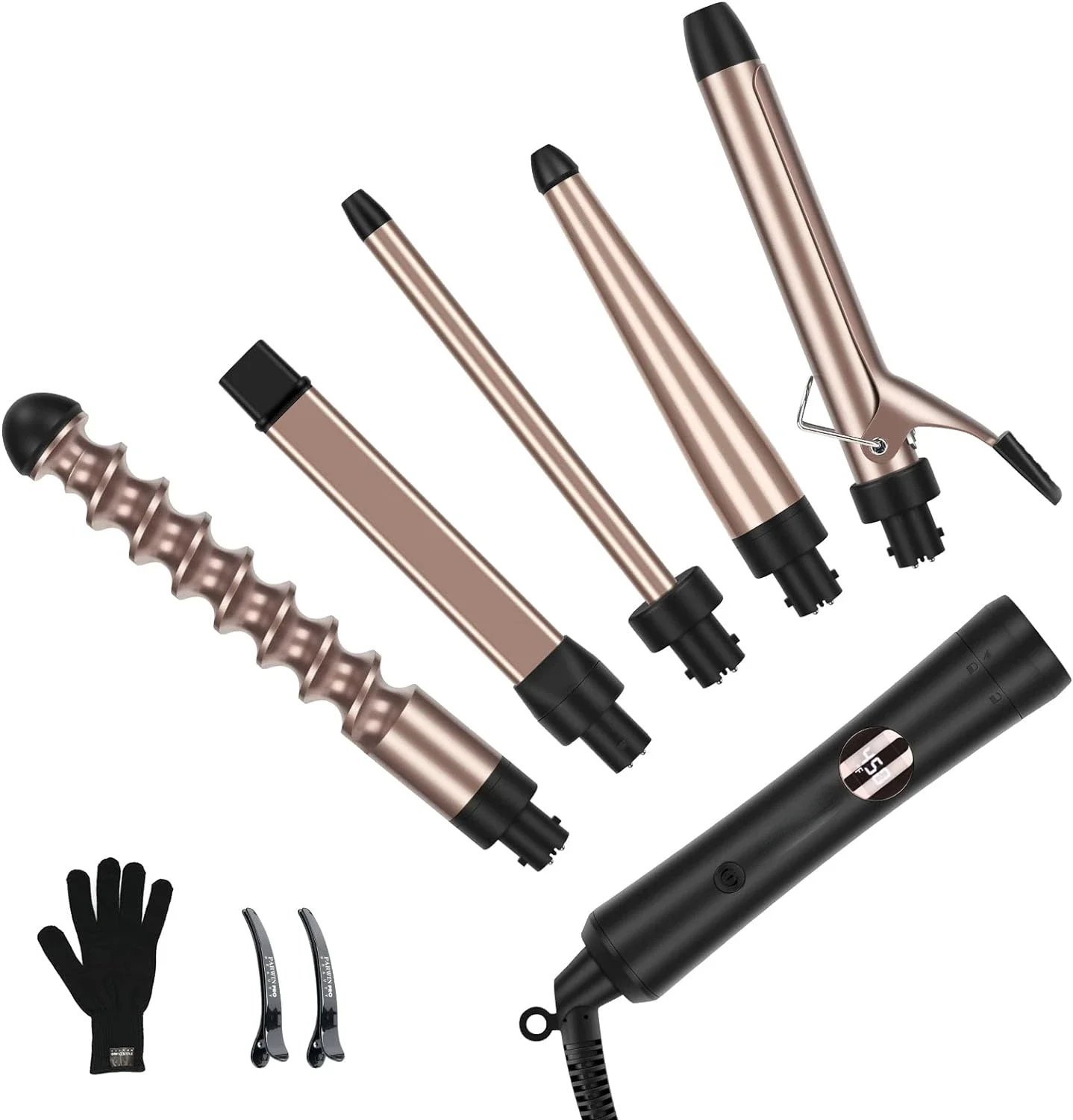 

Professional 5 in 1 Curling Iron Set with Extra Long 9" Spiral Wand for Ultimate Styling Options - Curling Wands Set for Salon-Q