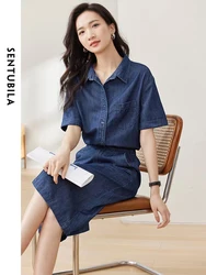 SENTUBILA Denim 2 Piece Skirt Set for Women 2024 Casual Short Sleeve Jean Jacket Split Denim Skirt Two Piece Outfit W32Z50169