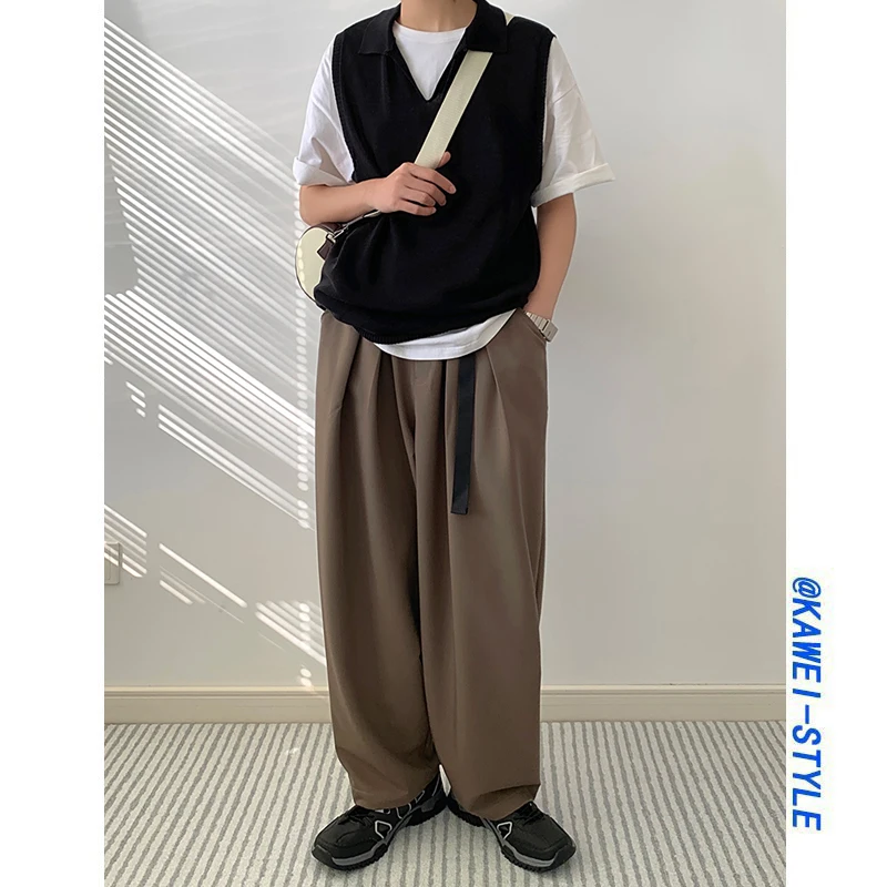 

Мужские прямые брюки свободного кроя с широкими штанинами и поясом, повседневные, однотонные, в корейском стиле