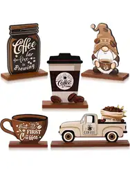 5 PC Decoration Dwarf old Man Set Coffee bar Tabletop decoration Coffee tabletop decoration Farmhouse coffee bar wooden logo