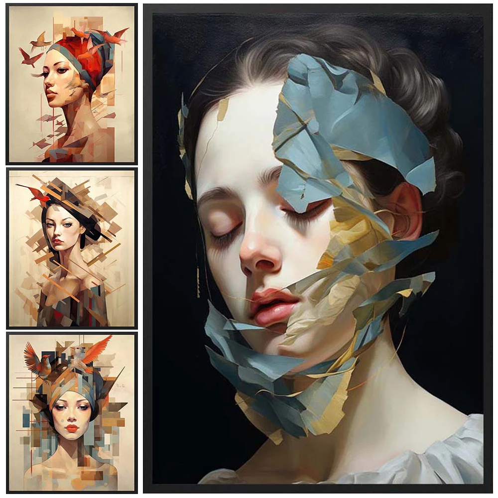 

Illustration Girl Woman Abstract Portrait Poster Wall Art Canvas Painting Home Decor Wall Pictures For Living Room Unframed