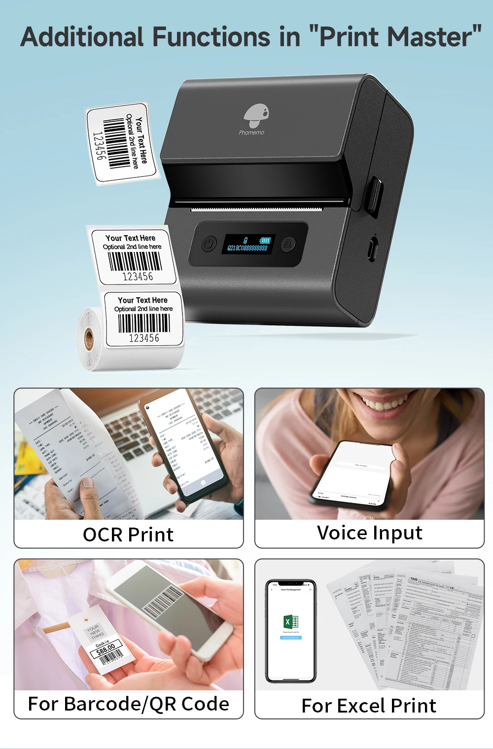 Echter Phomemo M221 3 Zoll wasserdichter ölbeständiger Barcodedrucker Handheld Mini Thermo-Etikettendrucker Smart Label Printer