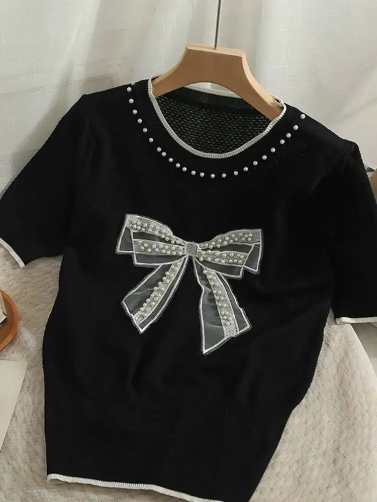 Korean Version Nail Bead Mesh Bow Round Neck Short Sleeve Top Women\'s 2025 New Waist Closing Thin Knitted T-shirt