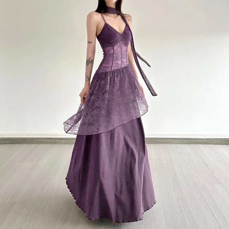 Lace Patchwork Women Camis Dress French Elegant Hepburn Style Splicing Midi Dress Y2K Streetwear Hot Girls Vacation Vestidos