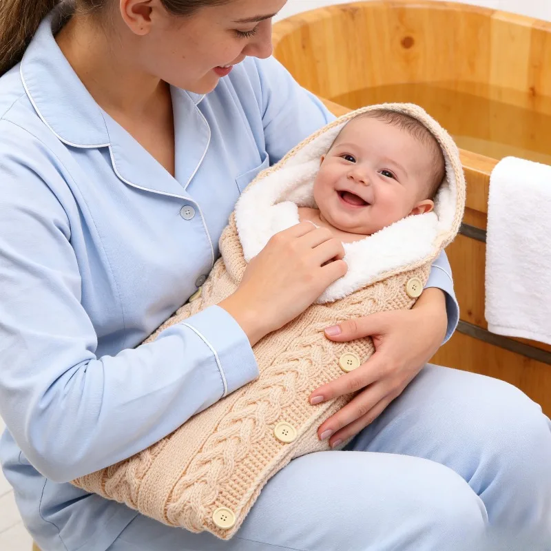 

Вязаный детский спальный мешок с капюшоном и пуговицами, толстый зимний мешок для коляски для новорожденных и реквизит для фотосессии, милый ребенок