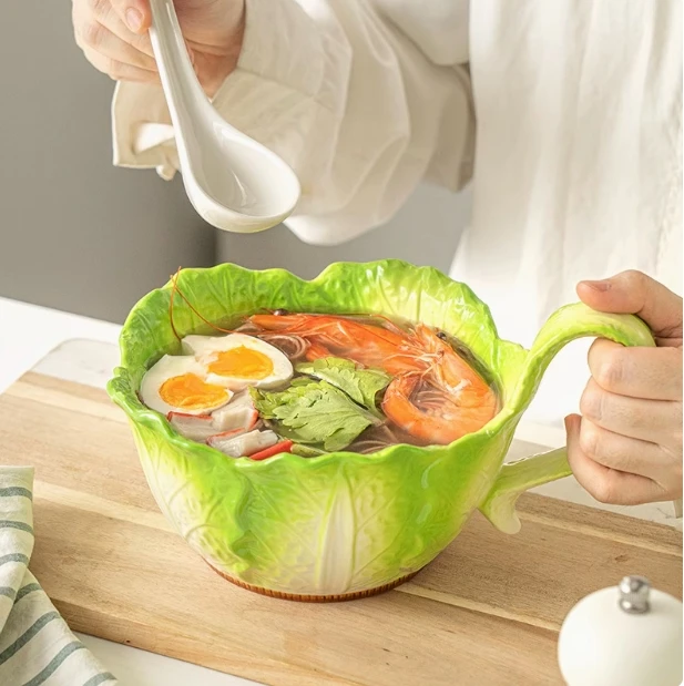 ceramic cabbage instant noodle bowl soup bowl household fruit salad bowl 2024 new tableware Internet celebrity handle bowl