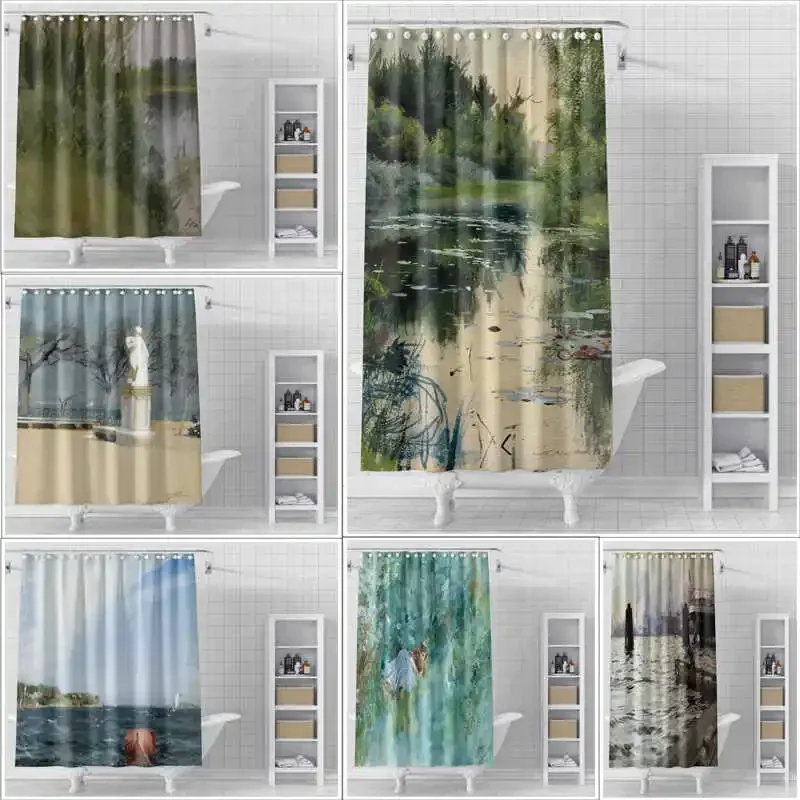 Shower curtain non perforated waterproof cloth oil painting scenery hanging curtain dry wet separation partition curtain