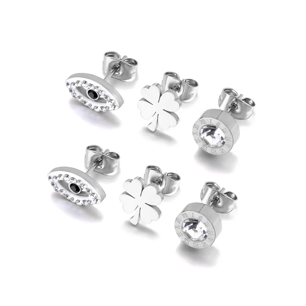 Lokaer 18K Gold Plated Stainless Steel Eye Flower Stud Earrings Jewelry 3Pair/Set CZ Crystal Party Earrings For Women E24092