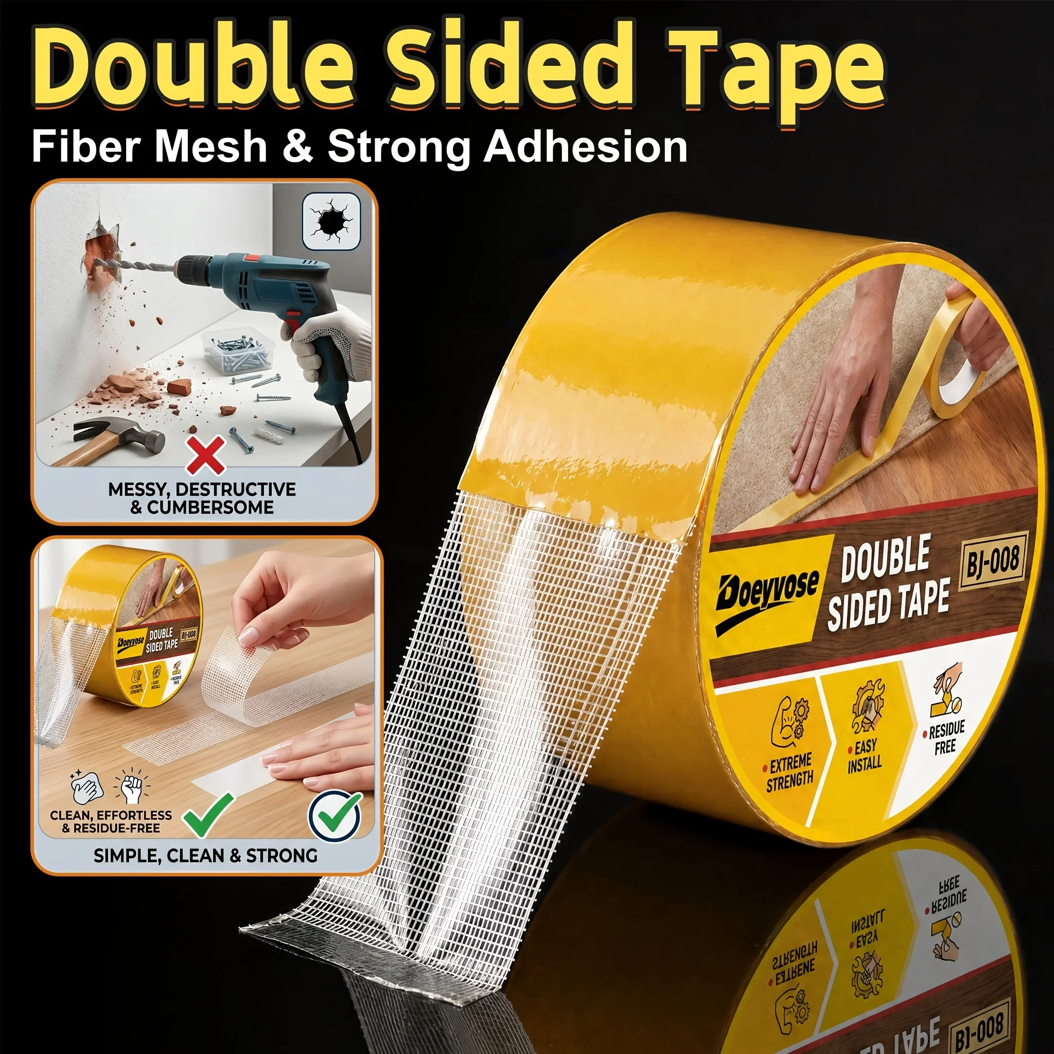 Doeyvose Grid Mesh Waterproof Adhesive Tape, Traceless High Viscosity Cloth Base Tape for Kitchen, Bathroom & Bookbinding