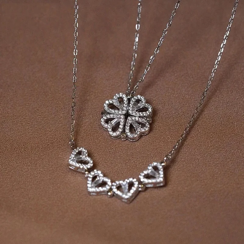 

1pc Heart Shaped Four Leaf Clover Pendant Necklace Jewelry Zircon Women Love Clavicle Chain Gifts Openable ChokerJewelry